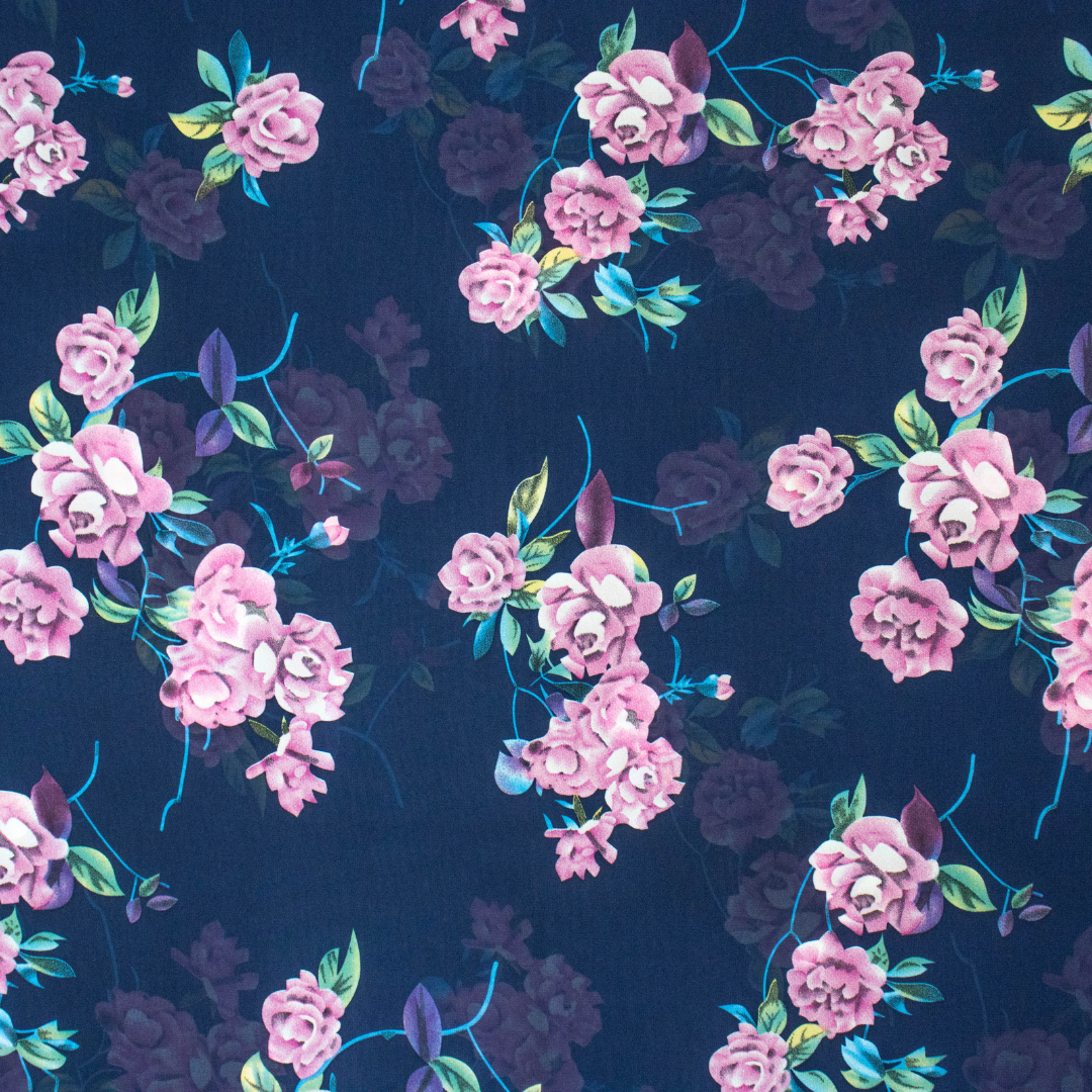Printed Chiffon Dubai Muted Purple Roses - Dark Blue