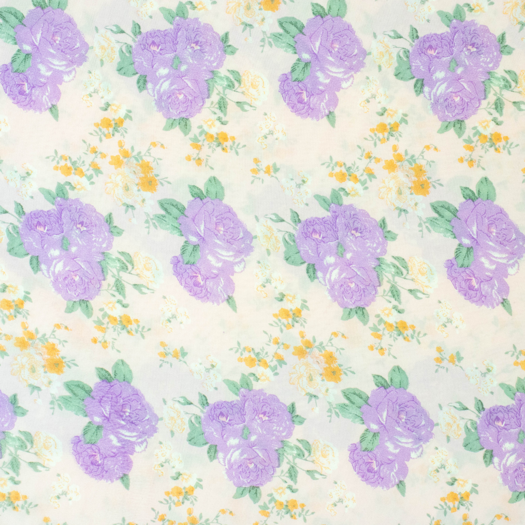 Crepe Classic Rose Print in Cream/Purple