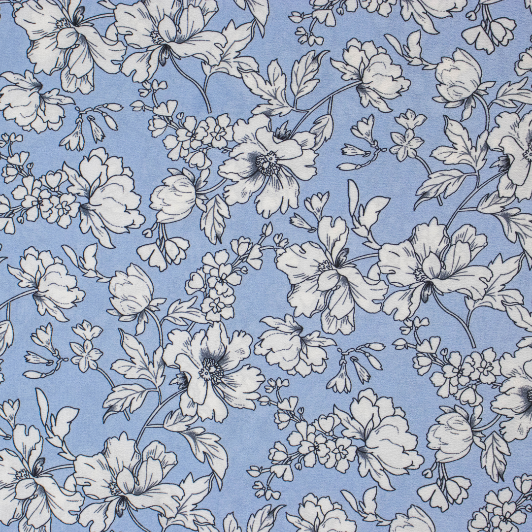 Crepe Drawn Floral Pattern Print in Blue