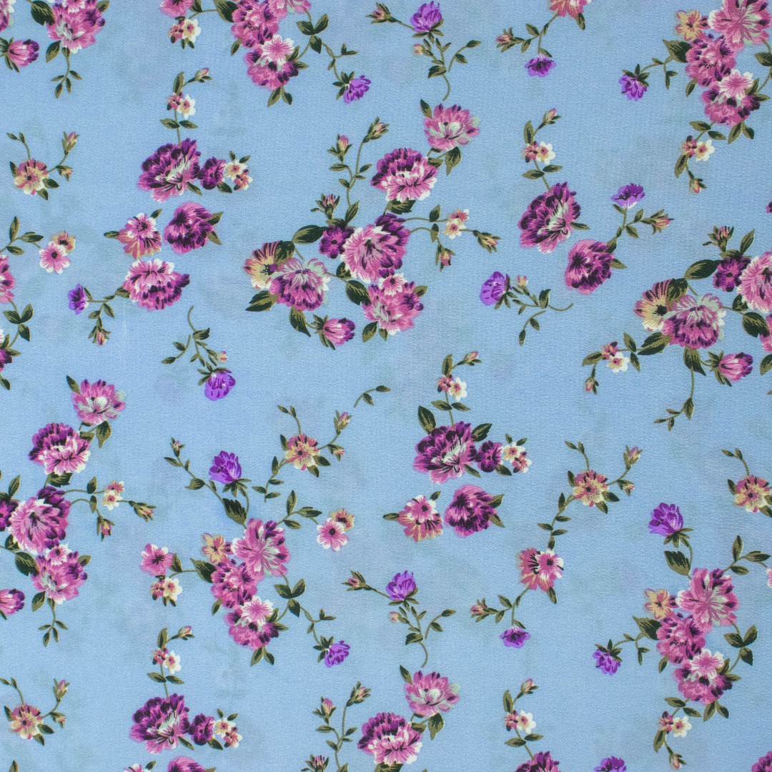 Crepe Mini Rose Pattern Print in Light Blue