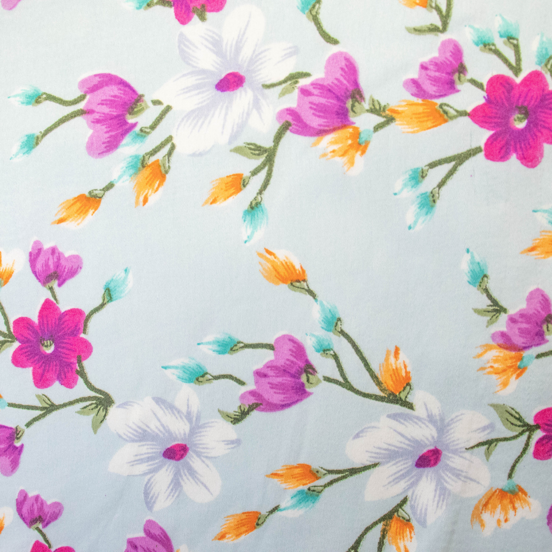 Printed Satin Silk Blooming Sakura in Light Blue